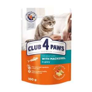 Вологий корм для котів CLUB 4 PAWS Преміум, з макреллю в соусі, 100г