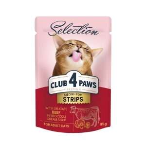 Вологий корм для котів CLUB 4 PAWS Преміум, смужки з яловичиною в крем супі з брокколі, 85г