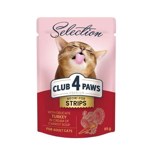 Вологий корм для котів CLUB 4 PAWS Преміум, смужки з індичкою в крем супі з моркви, 85г
