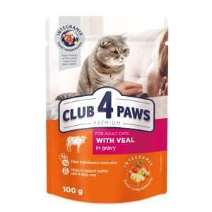 Вологий корм для котів CLUB 4 PAWS Преміум, з телятиною в соусі, 100г