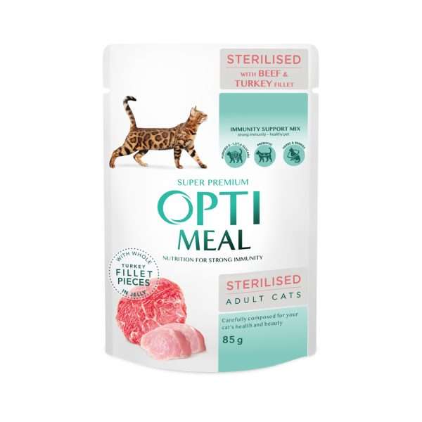 Консервований корм для стерилізованих котів OPTIMEAL, з яловичиною та індичим філе у желе, 85г