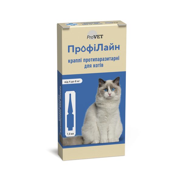 Краплі від бліх та кліщів ПрофіЛайн для котів вагою 4-8 кг 4 піпетки по 1,0 мл