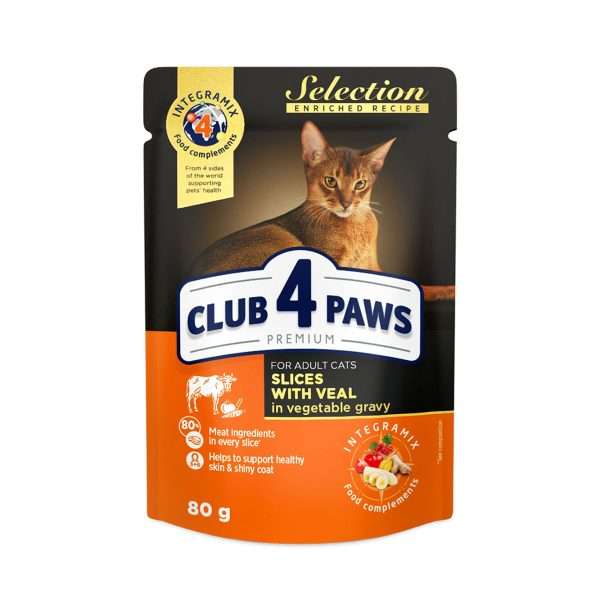 Вологий корм для котів CLUB 4 PAWS Преміум Селекшн Шматочки з телятиною в овочевому соусі, 80г