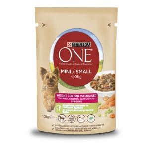 Вологий корм PURINA ONE Mini/Small Weight Control/Sterilised для дорослих собак дрібних порід для контролю ваги шматочки у підливці з індичкою, морквою та горохом 100 г