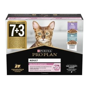 Вологий корм PRO PLAN Delicate Digestion для дорослих котів з чутливим травленням мультипак, шматочки у підливці: з індичкою 5х85г, з океанічною рибою 5х85г