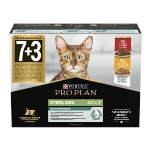 Вологий корм PRO PLAN Sterilised для дорослих стерилізованих котів мультипак, шматочки у підливці: з яловичиною 5х85г, з куркою 5х85г